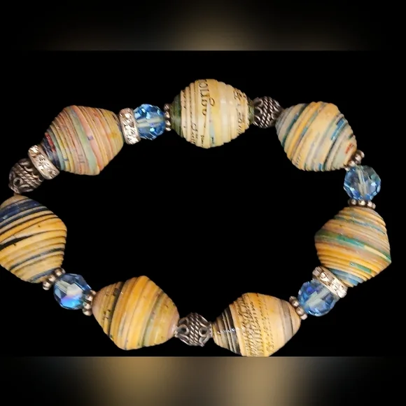 Multi Colored Bamboo Beads, Colored Glass Beads & Metal Beads On Elastic Band - Picture 2 of 6